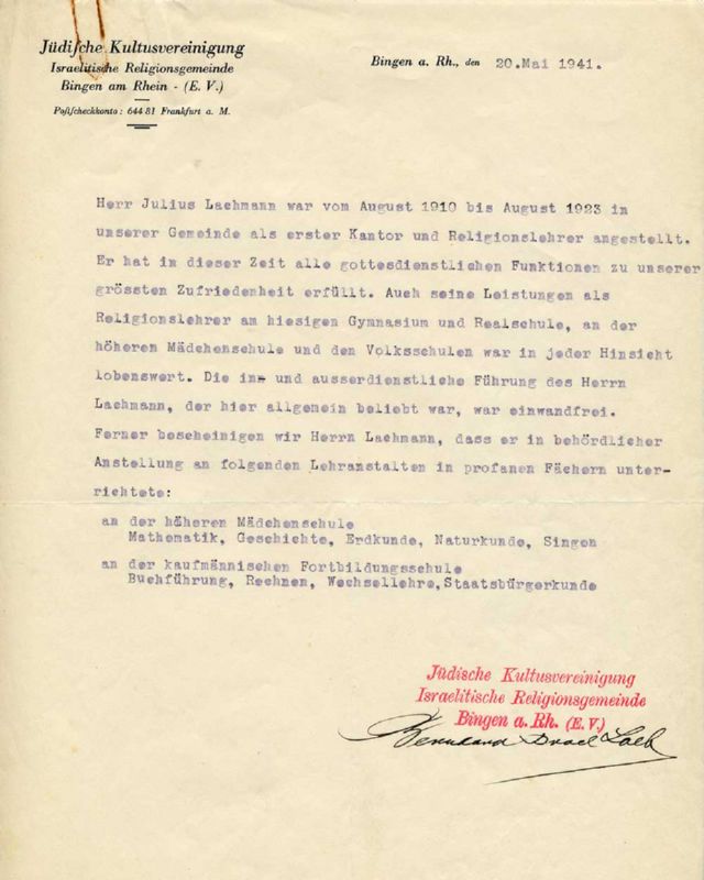 Employment certificate issued by the Munich Rabbinate in Bingen am Rhein on May 20, 1941.